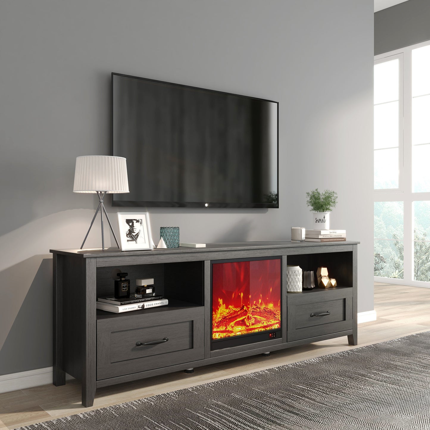 Tatayosi 70inch length black tv stand for living room and bedroom with 2 drawers and 4 high capacity storage compartment suitable for fireplace