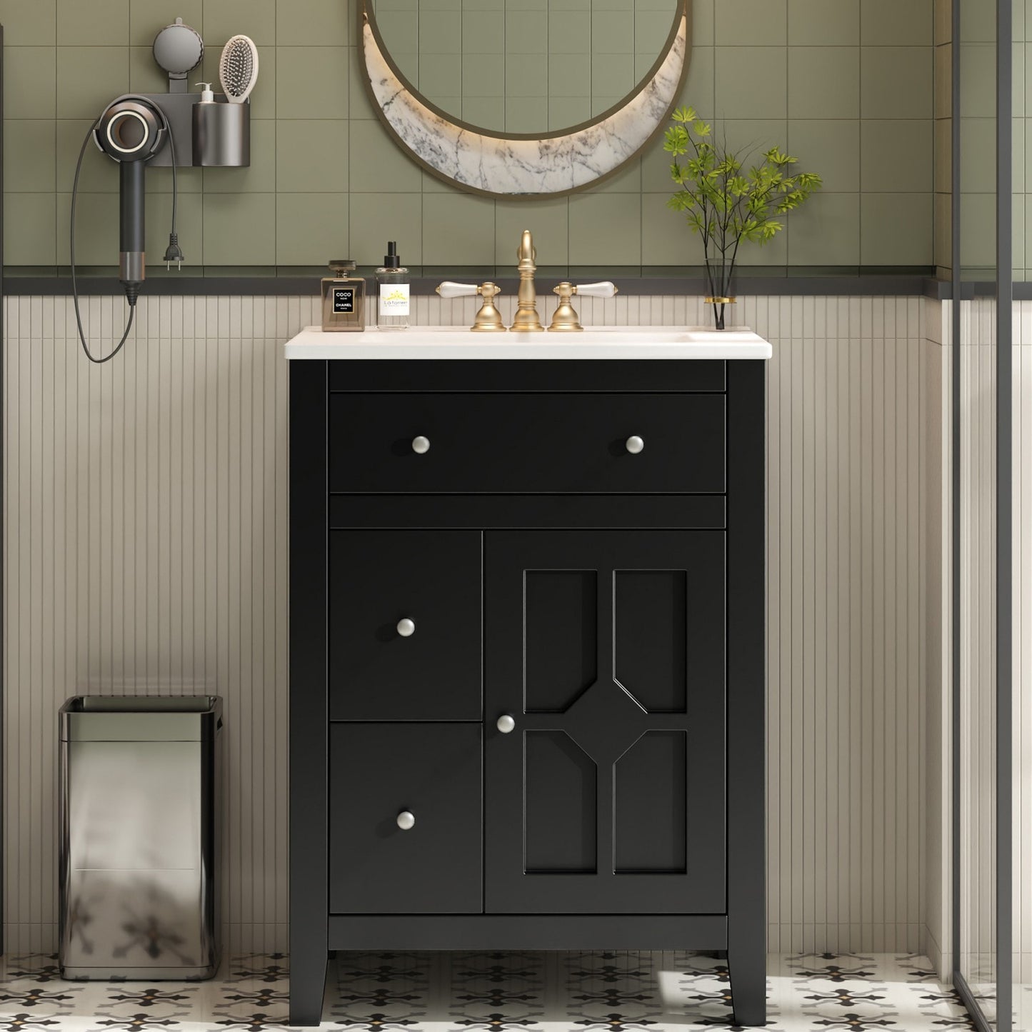 Dexmalle  24-in Black Freestanding Single Sink Bathroom Vanity with White Ceramic Top