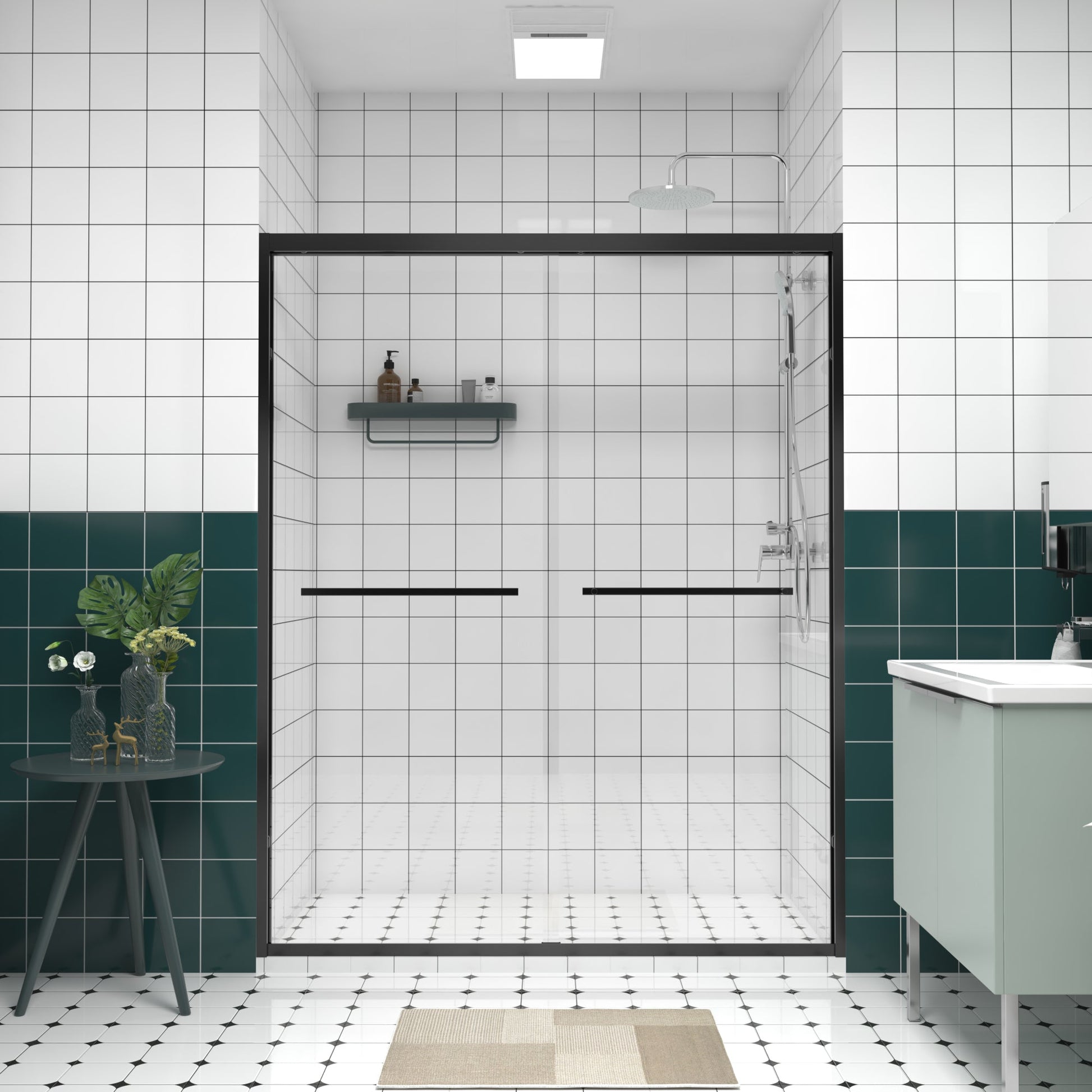 Boyel Living 60 x 74 in Aluminum Frame Double Sliding Shower Door with 6mm Clear Tempered Glass in Matte Black