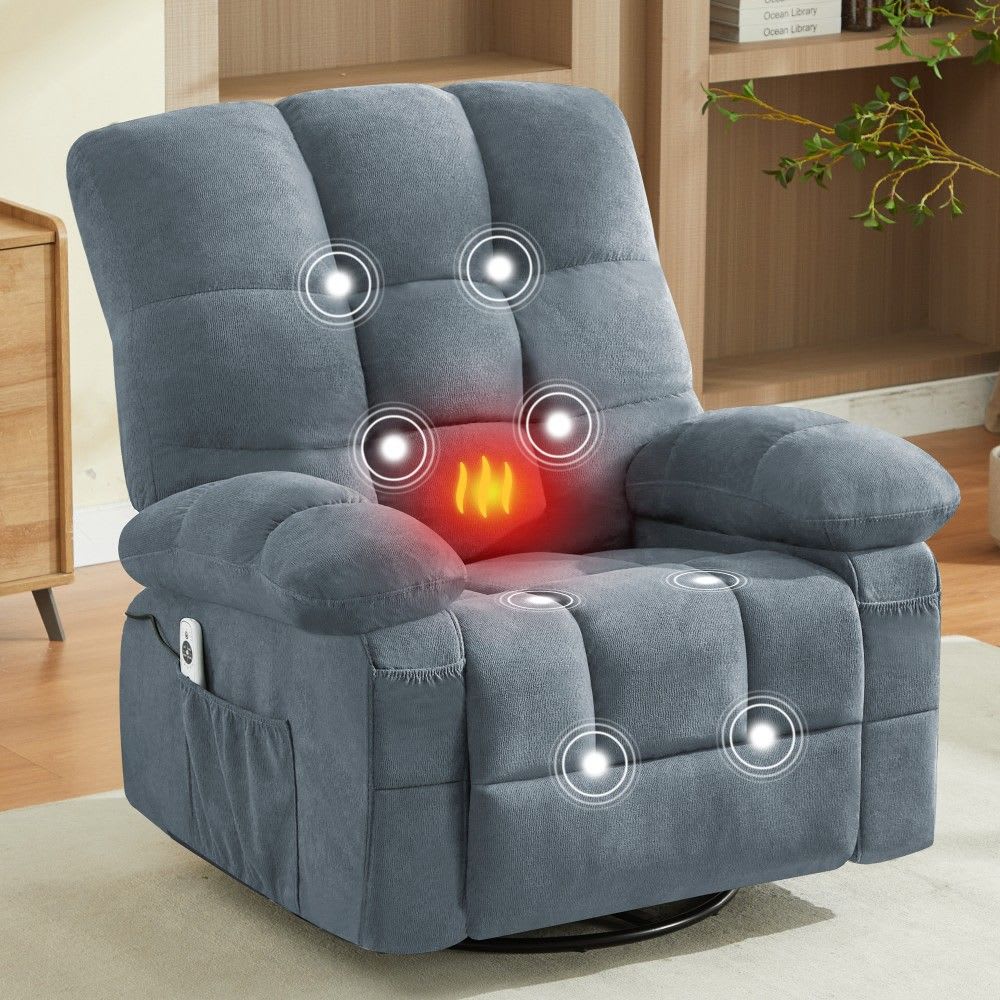 Coolbibila Oversized Blue Massage Swivel Recliner Chair with Vibration Lumbar Heating and USB for Living Room