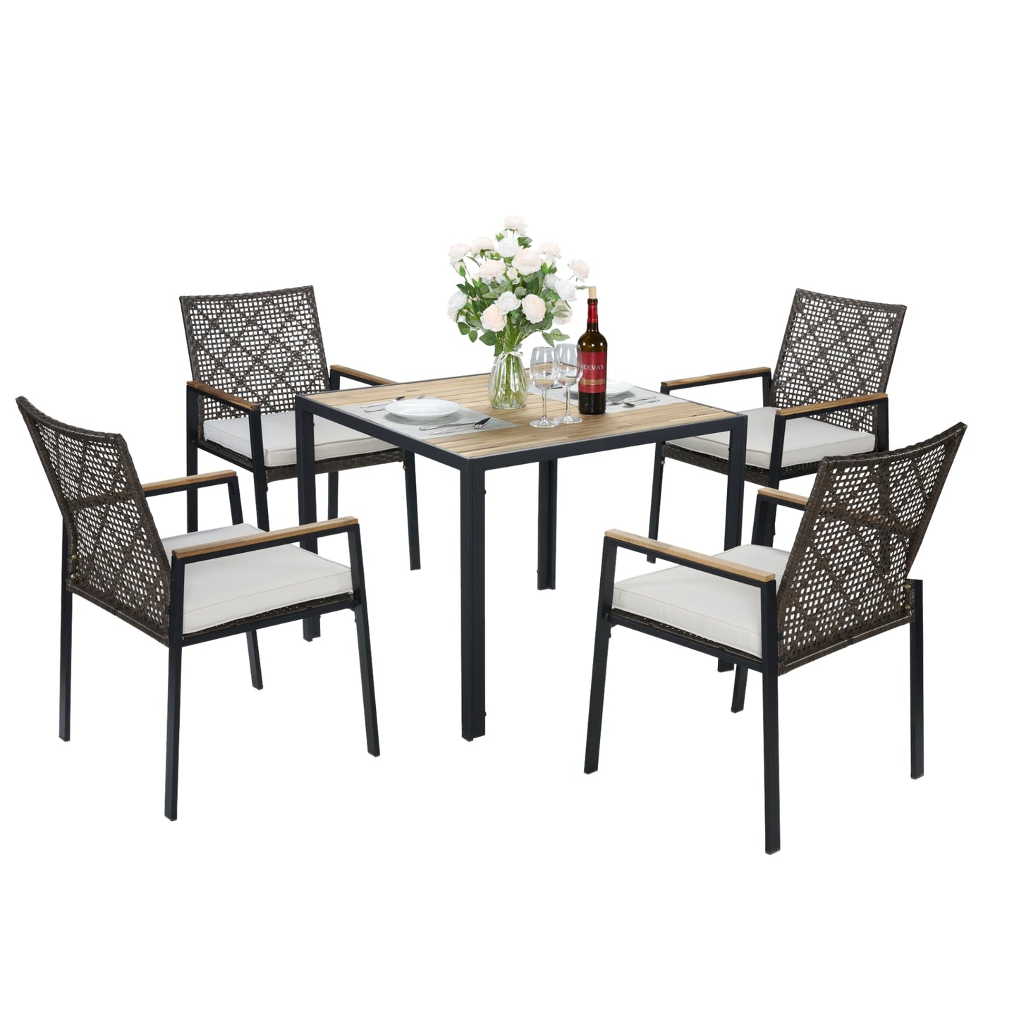 Tatayosi 5 Piece Brown Plastic Chair Steel Table Outdoor Dining Set for Garden Patio