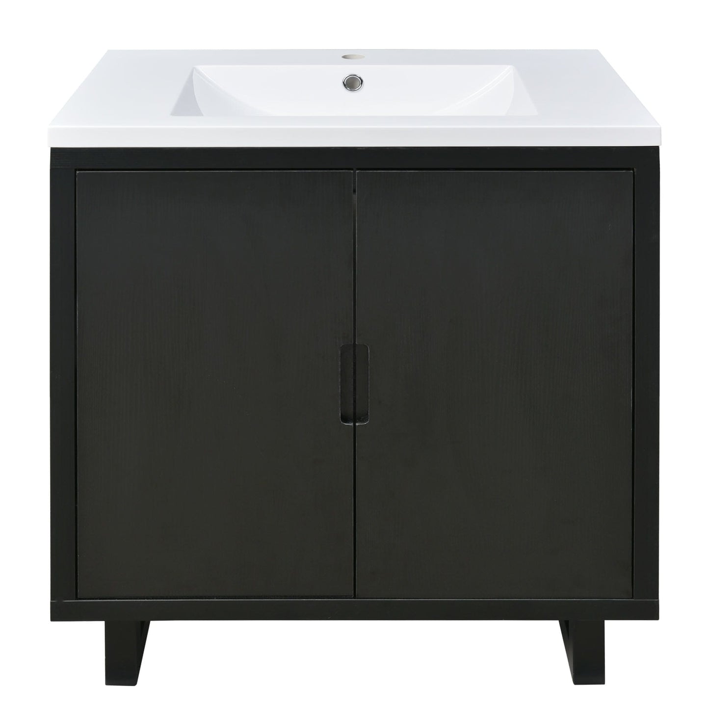 Vynxaria  30 Inch Black Bathroom Vanity Set with Sink Solid Wood Frame Soft Close Doors Large Storage Space and Anti Scratch Floor Mats Free Standing