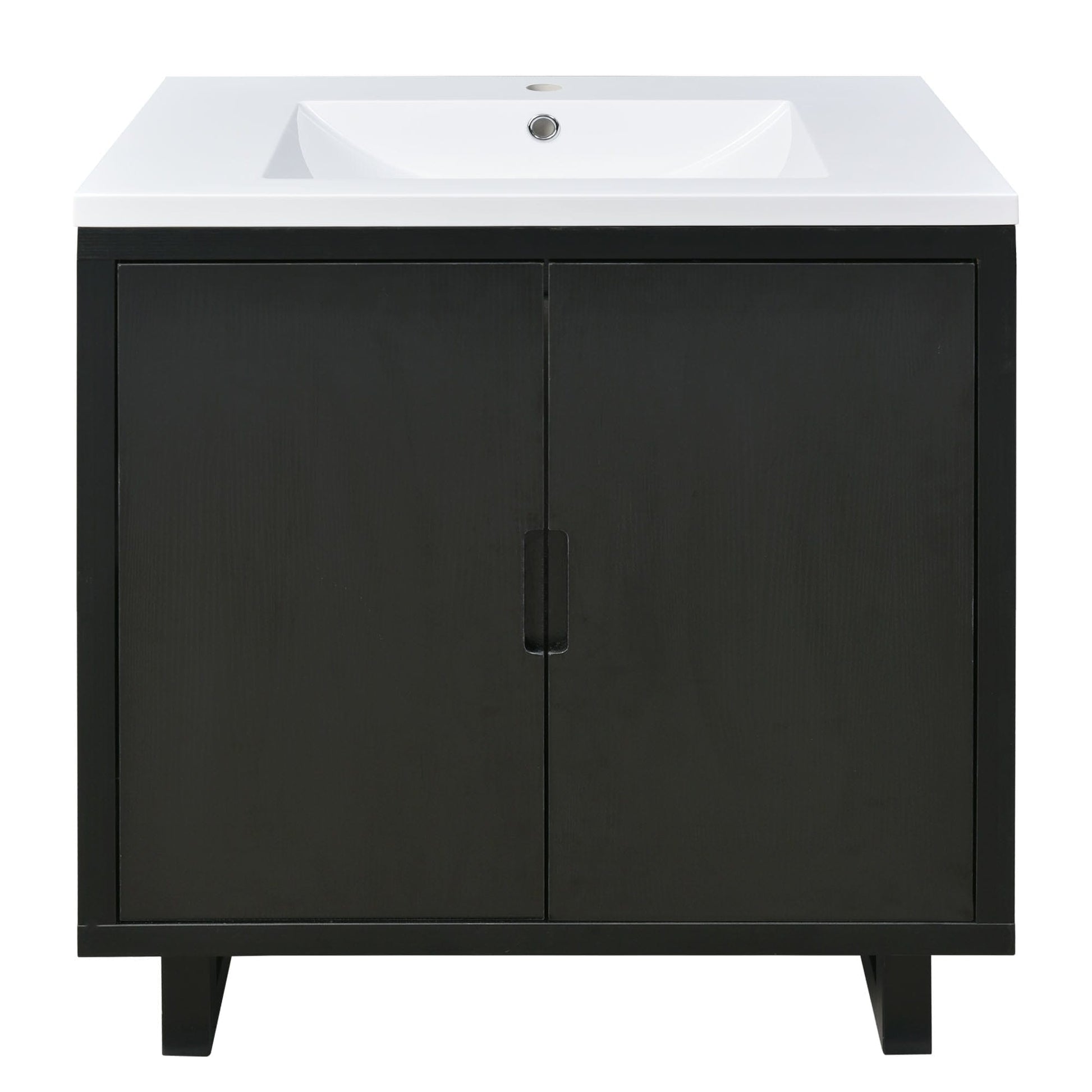 Vynxaria  30 Inch Black Bathroom Vanity Set with Sink Solid Wood Frame Soft Close Doors Large Storage Space and Anti Scratch Floor Mats Free Standing