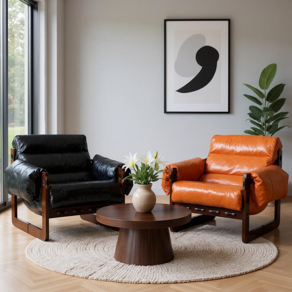 Homy Casa Midnight Black Top Grain Leather Lounge Chair with Removable Armrests Rubberwood Frame Mid Century Modern Style 27.5in W