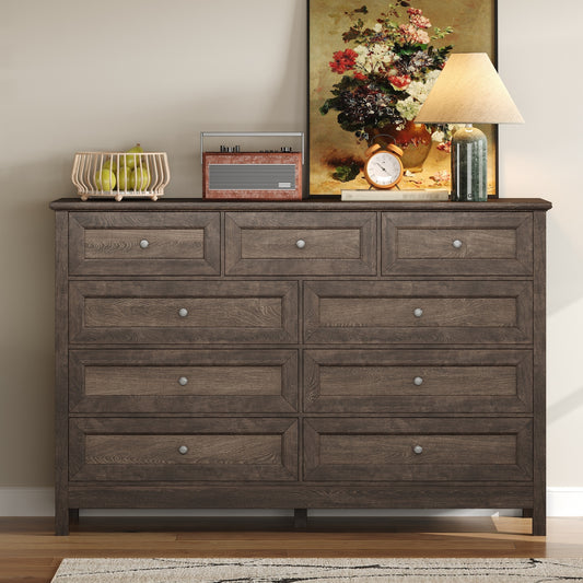 LOVMOR Wood Rustic Storage Dresser with 9 Drawers and Silver Handle  Brown
