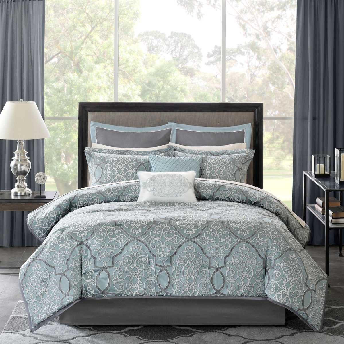 Vynxaria  Slate Blue Cal King Damask Theme Polyester Jacquard Mattress Size 106x92 12 Piece Comforter Blanket