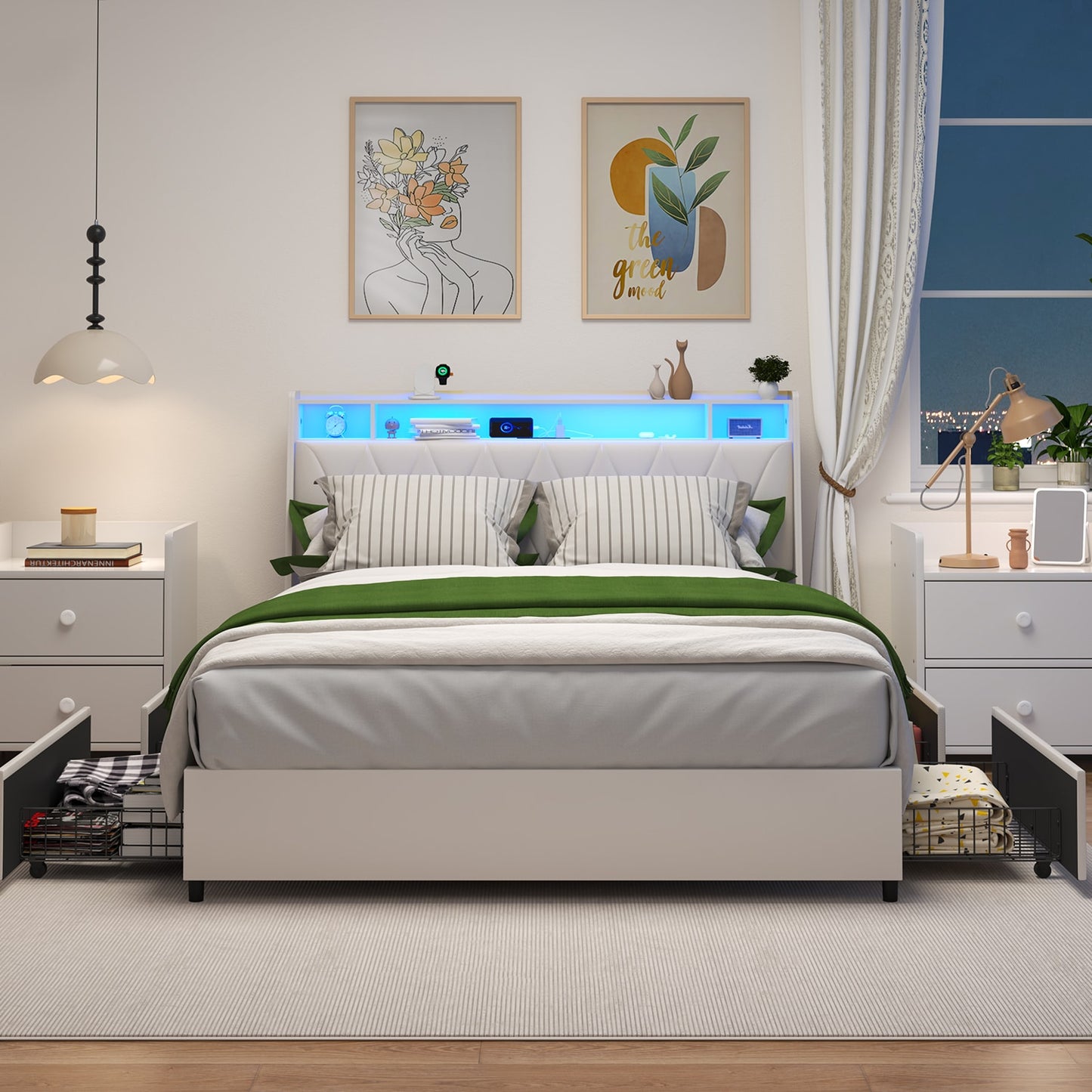Mondawe Full Beige Storage Platform Bed with Headboard