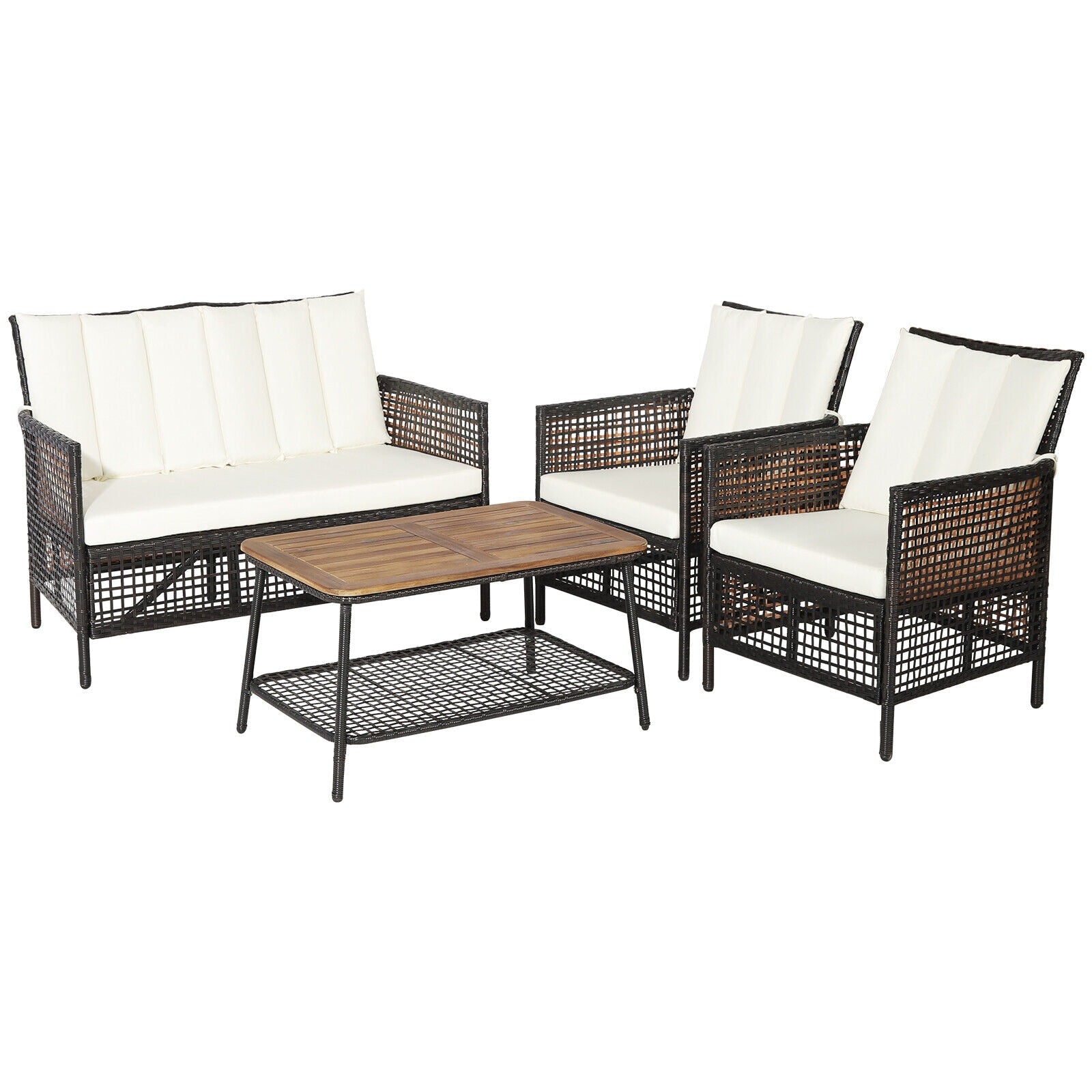 Slickblue 4-Piece Rattan 1-Loveseat 2-Chair Patio Conversation Set with Off-White Cushions - Storage Coffee Table for Patio Poolside or Backyard