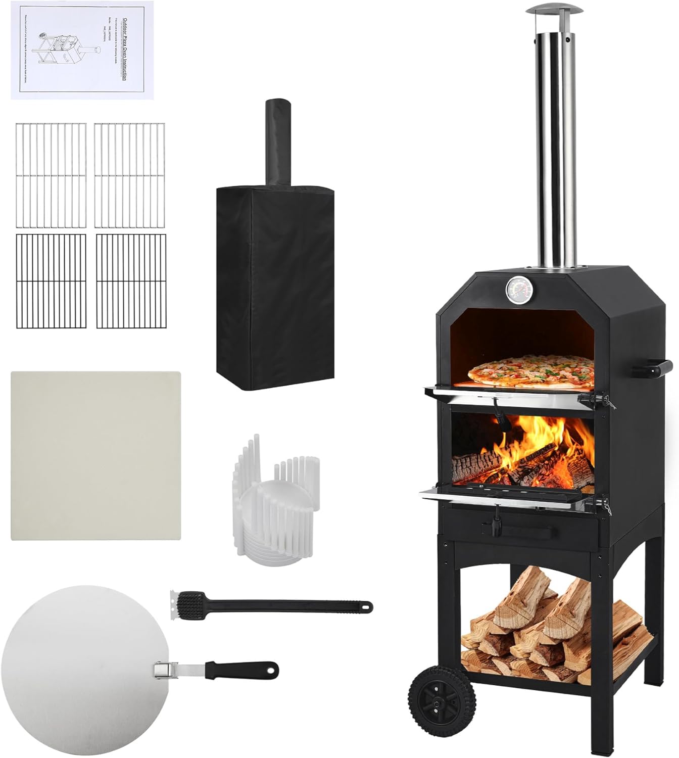 Qeetex 12 Inch Outdoor Wood Fired Pizza Oven Portable Patio Oven With Pizza Stone Peel Fold Up Legs Cover And Cooking Rack For Camping Backyard Bbq Versatile Durable And Easy To Use