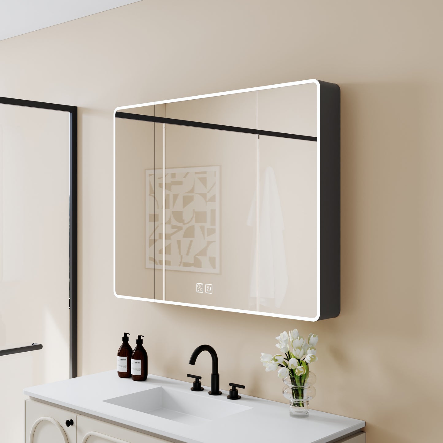 WELLFOR 35-in x 28-in Lighted LED Fog Free Surface Mount Gray Mirrored Rectangle Soft Close Medicine Cabinet