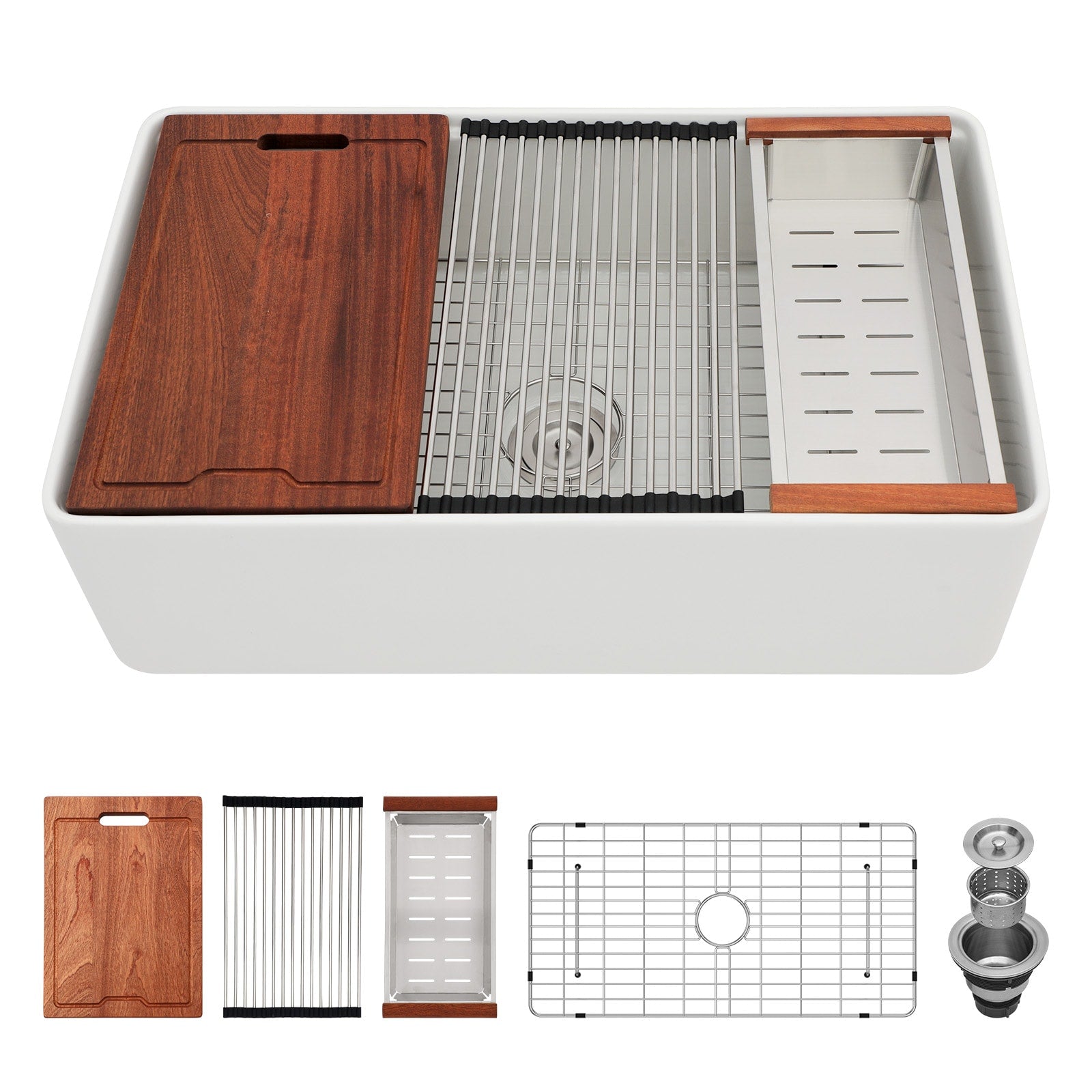 LIVIZA Ceramic Kitchen Sink Farmhouse apron front 33-in x 20-in Porcelain Single bowl Workstation Kitchen Sink with Drainboard