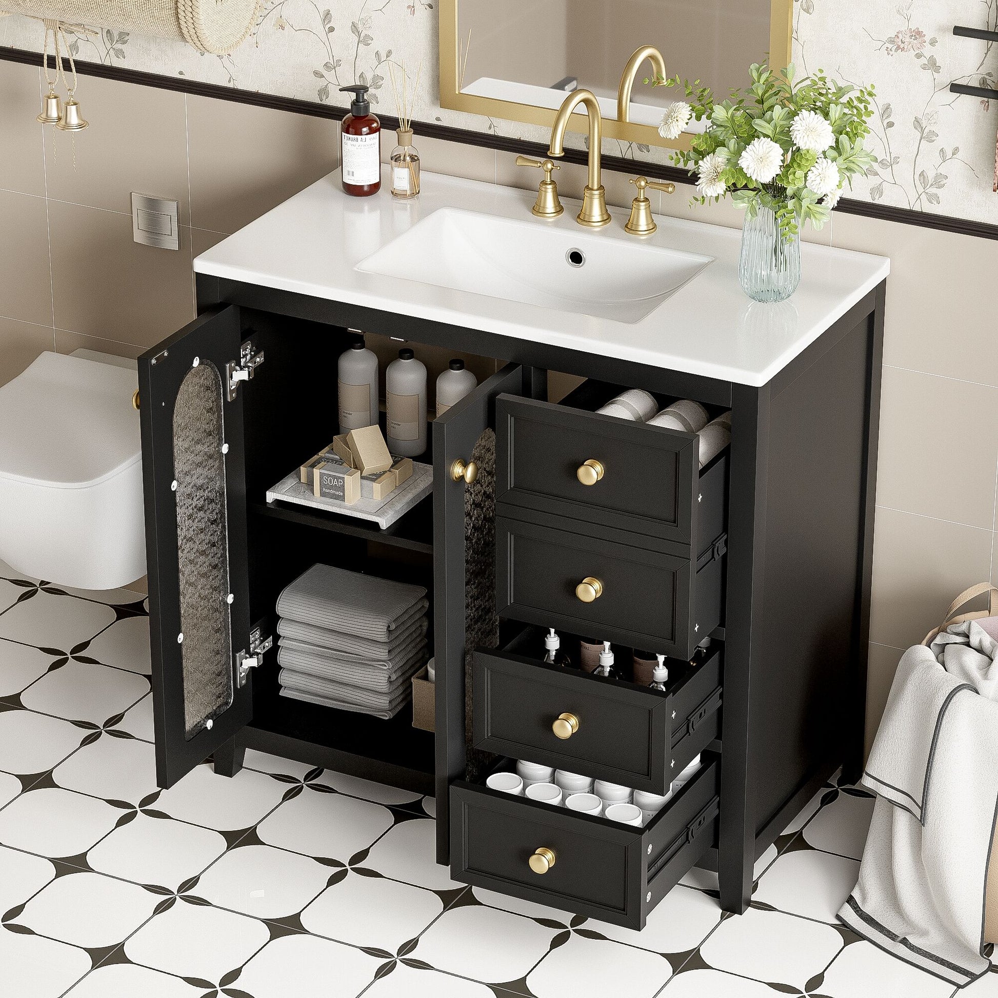 ModernLuxe 36inch bathroom vanity with two soft close doors adjustable shelves and three drawers