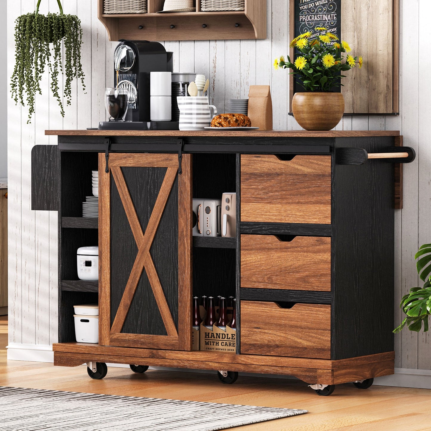 Runesay Black Wood Base with MDF Wood Top Rolling Kitchen Island ( 28.75-in x 55.5-in x 36.9-in )