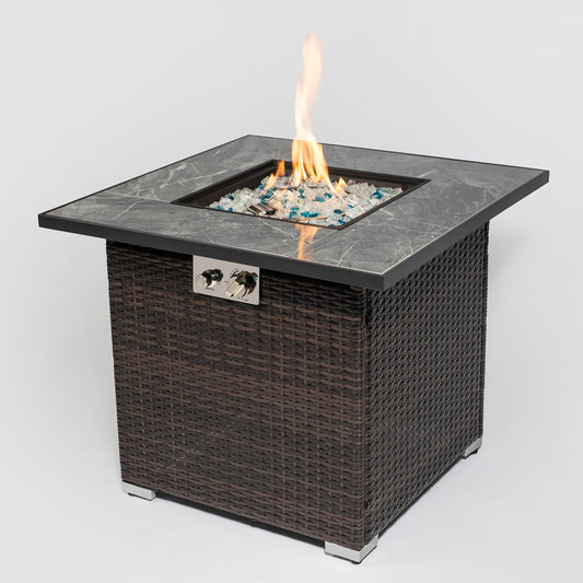 30-inch Propane Fire Pit Table, 50,000 BTU, Marble Tile Top with Wicker Base, 2-in-1 Outdoor Table with Cover, Brown