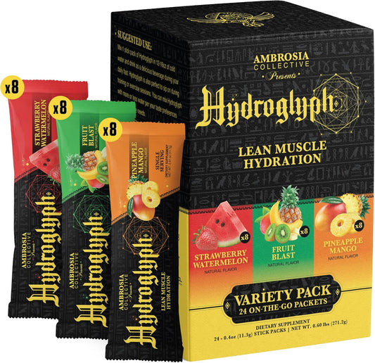 Ambrosia Hydroglyph Intraworkout Formula w\/BCAA + EAA + Electrolytes Hydration Powder to Protect Lean Muscle, 0g Sugar Fasting Hydration Drink Mix, Made w\/Coconut Water (Variety Pack) On-The-Go Packs