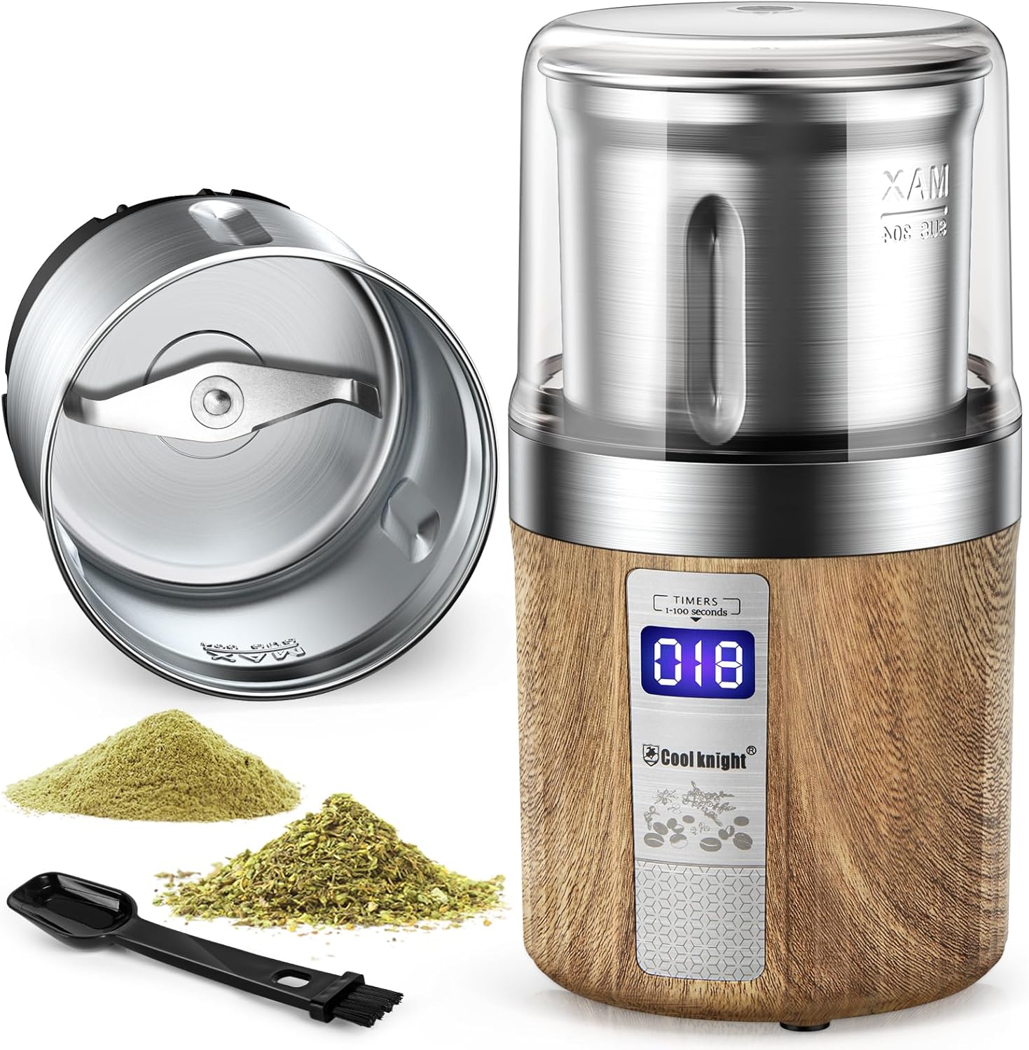 COOL KNIGHT Herb Grinder, Spice Grinder, Electric Grinder with Timer, 304 Stainless Steel Blades and Removable Stainless Steel Bowl, Large Capacity for Quick Grinding of Spices,Herbs,Coffee Beans,etc