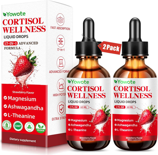 Cortisol Support Supplements for Men and Women, Cortisol Detox Hormone Balance with Magnesium, Ashwagandha, L-theanine, Phosphatidylserine for Lower Cortisol, Calm, Mood (Pack of 2, Strawberry)