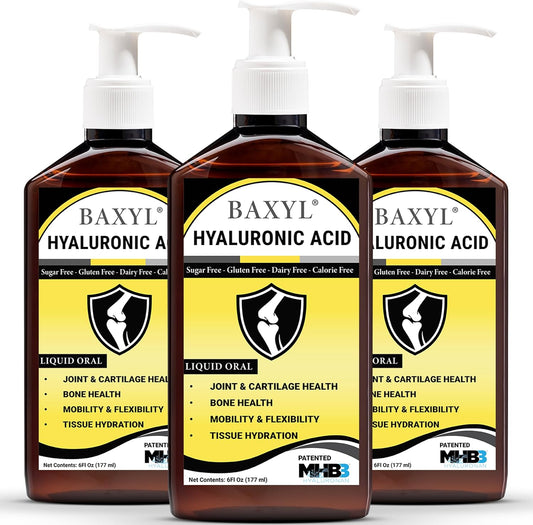 BAXYL Liquid Hyaluronic Acid Supplement - Natural Citric Acid, Potassium Sorbate Ingredients Formulated Flavorless Syrup - Provide Healthy Cartilage & Bone Formation - 3 Bottles of 6 Fl Oz