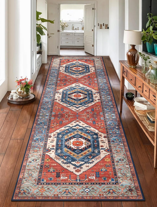 SERISSA Runner Rug for Hallways, 2'6"x10' Washable Non Slip Kitchen Runner Rug, Long Boho Rug Vintage Rust Hallway Stair Ultra Soft Print Floor Carpet for Bedroom Bathroom Laundry Room