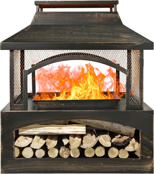 37" Outdoor Wood Burning Fireplace with Log Storage, Rectangular Metal Fire Pit with Spark Screen & Poker for Patio, Backyard & Garden - Brushed Bronze Finish (32.28" L x 17.72" W)
