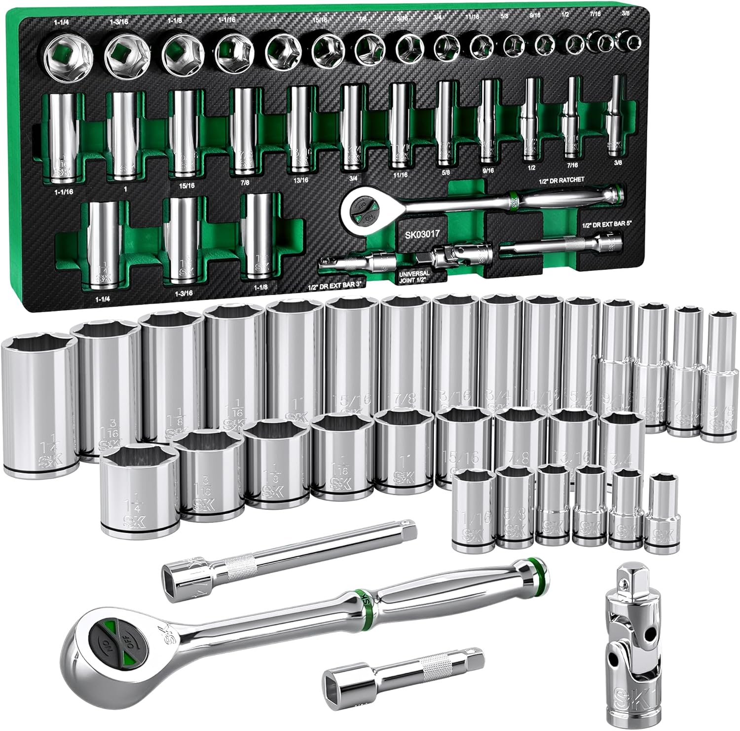 SK 1/2" Drive Socket Set with 160-P Ratchet, 34-Piece, SAE, SuperKrome Finish, Premium CR-V Construction, with EVA Foam Tool Organizer