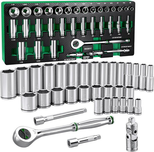 SK 1/2" Drive Socket Set with 160-P Ratchet, 34-Piece, SAE, SuperKrome Finish, Premium CR-V Construction, with EVA Foam Tool Organizer