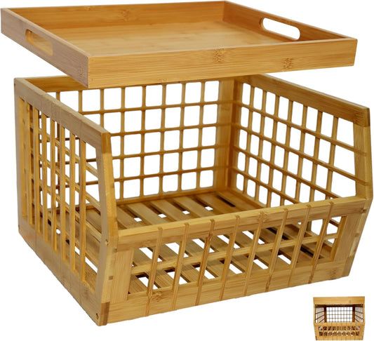 altCooking Hub Bamboo Storage Bin - Multipurpose, Stackable Open Front Storage Bin with Bamboo Serving Tray Lid for Kitchen & Pantry - Stylish Lattice Design