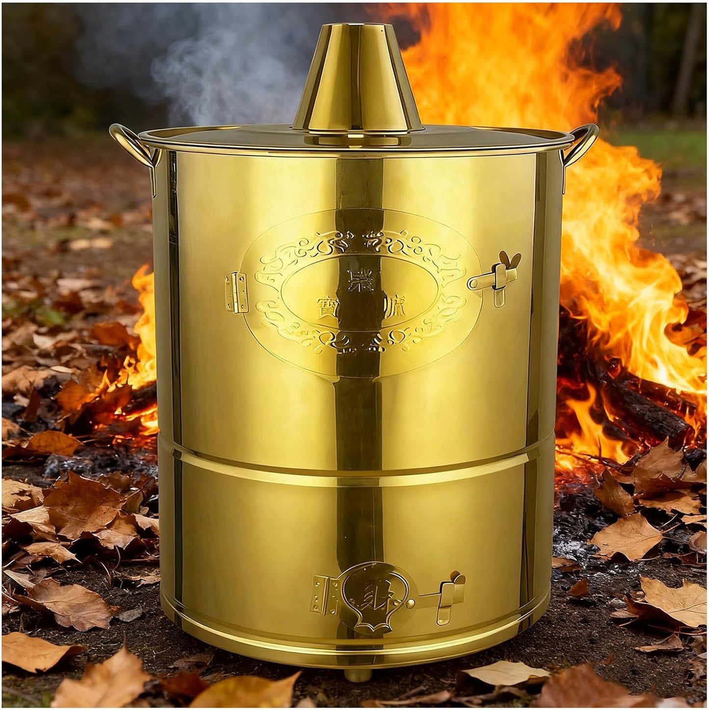 Household Smokeless Burning Gold Barrel Stainless Steel Incinerator Outdoor Burning Leaves Incineration Barrel Portable Carrying Handle Design Electroplating Process(Gold,44x66cm\/17.3x25.9\u201D)