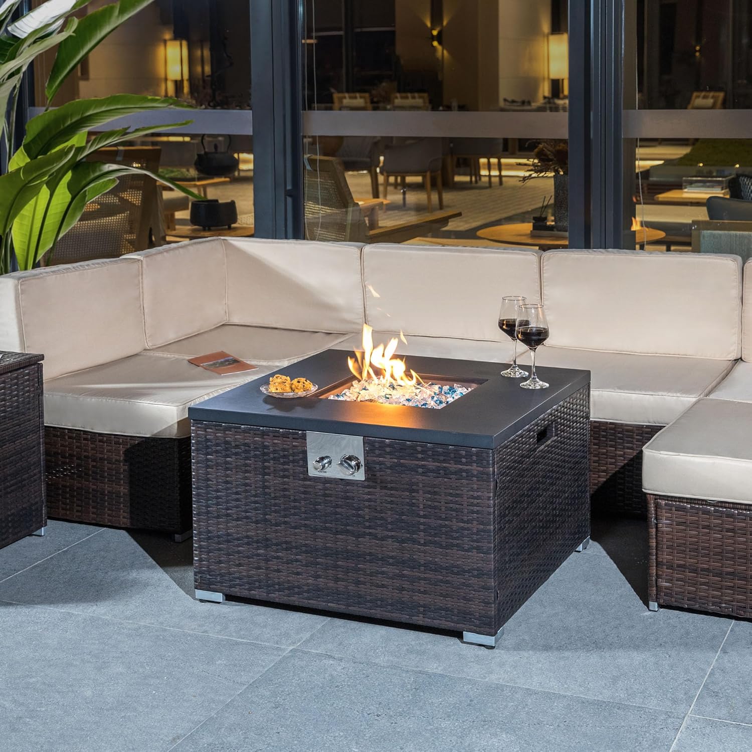Outdoor Gas Fire Pit Table – 32 Inches Square Dark Brown Propane Fire Pit with Glass Rocks, 1 Door Design, Patio, Deck, Living Room (1 Doors)