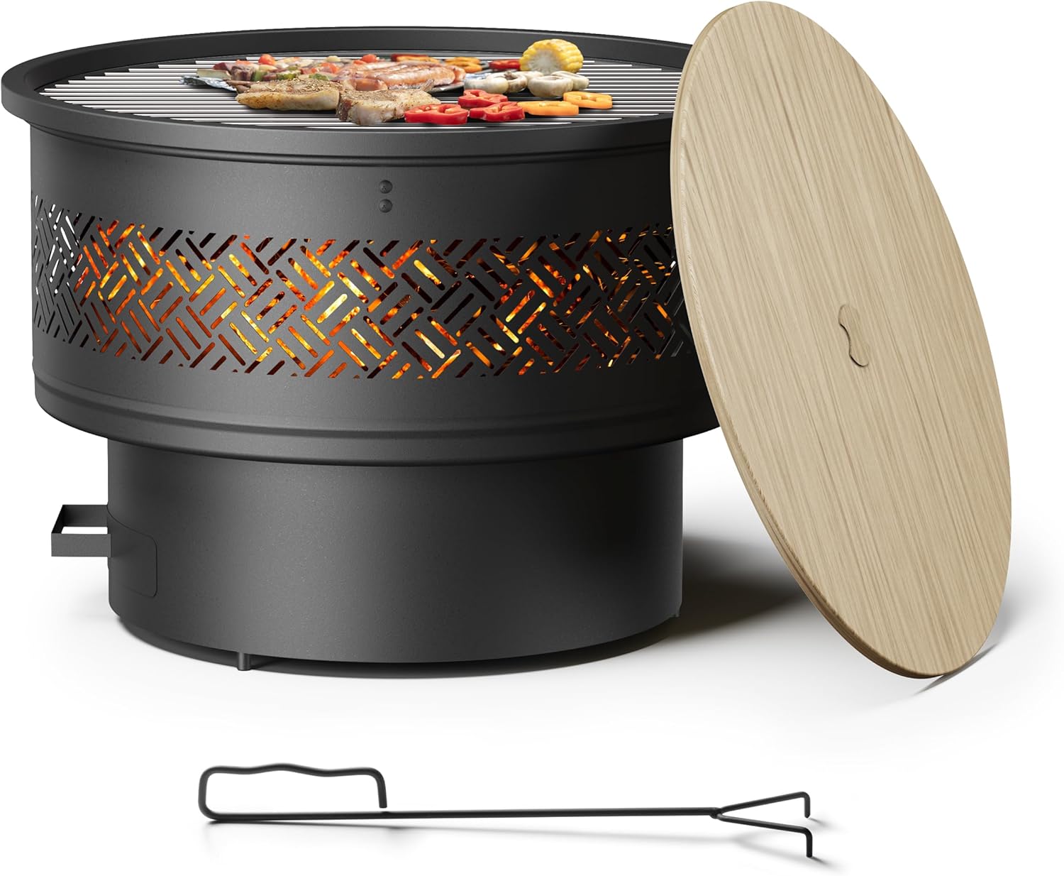 26 inch Fire Pit with Grill & Lid, Firepits for Outside Wood Burning Fire Pit Table with Fire Poker, Multifunctional Outdoor Fire pits for BBQ, Table, Bonfire, Camping, Backyard, Patio, Picnic
