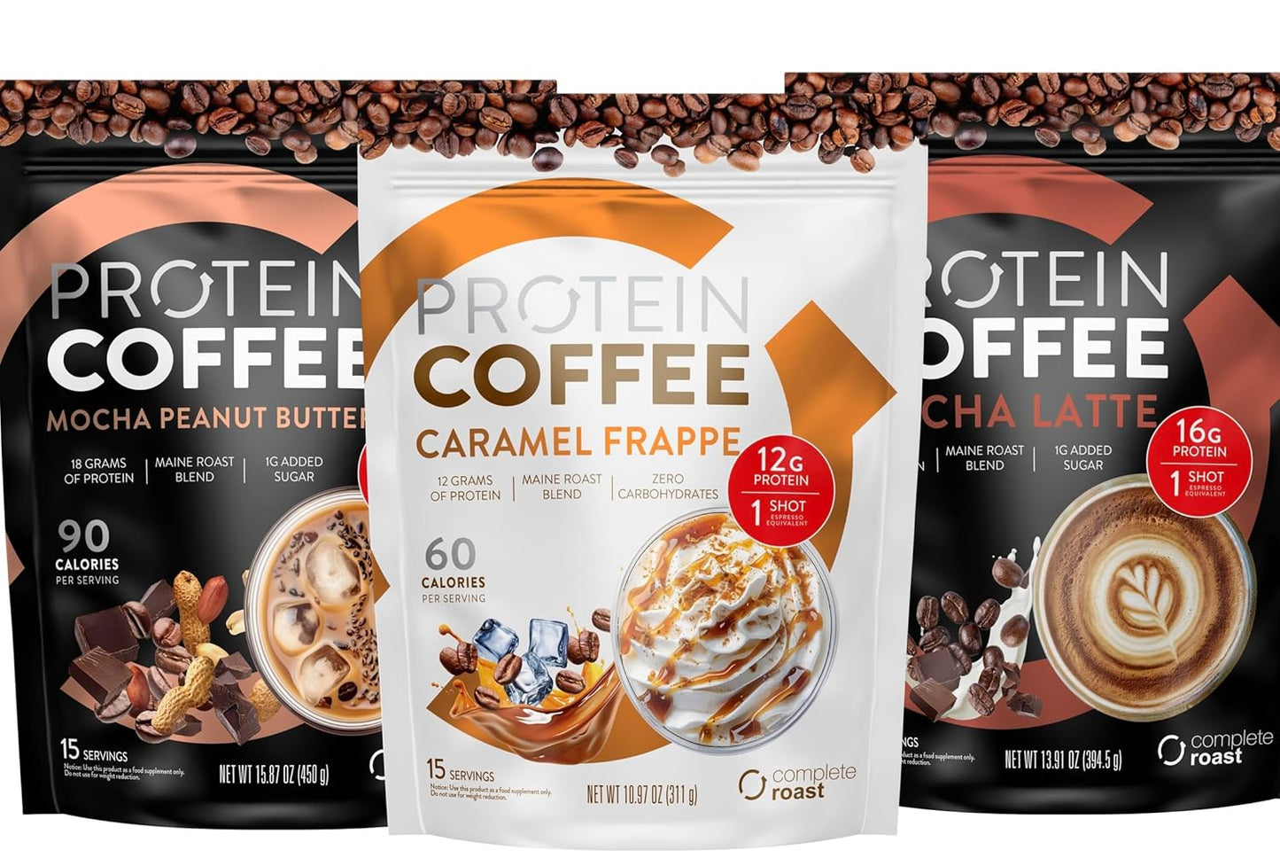 Complete Roast 3-Pack Caramel Frappe, Iced Coffee, and Vanilla (Caramel Frappe, Mocha Latte, Mocha Peanut Butter)