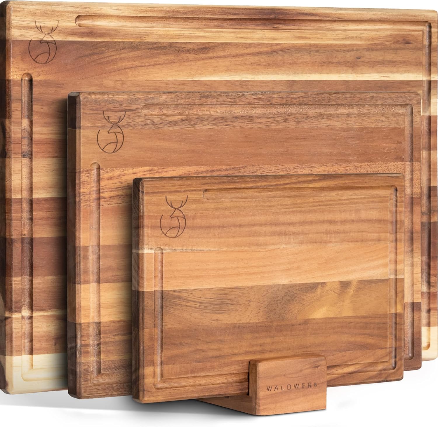 WALDWERK Cutting Board Set (15.75 x 12\/13 x 9.5\/10 x 7 in) out of Solid Acacia Wood - 0,8 in Thick Cutting Boards for Kitchen - Wood Cutting Boards - Wooden Chopping Boards for Kitchen