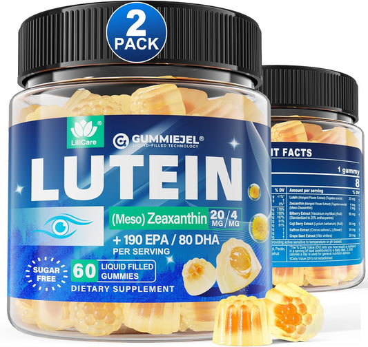 2 Pack Sugar Free Lutein 20mg 40mg and Zeaxanthin Gummies for Eyes with EPA 190mg & DHA 80mg, Eye Vitamins Filled Gummies Plus Bilberry, Goji Berry & Saffron, Eye Health Supplements for Adults - Vegan