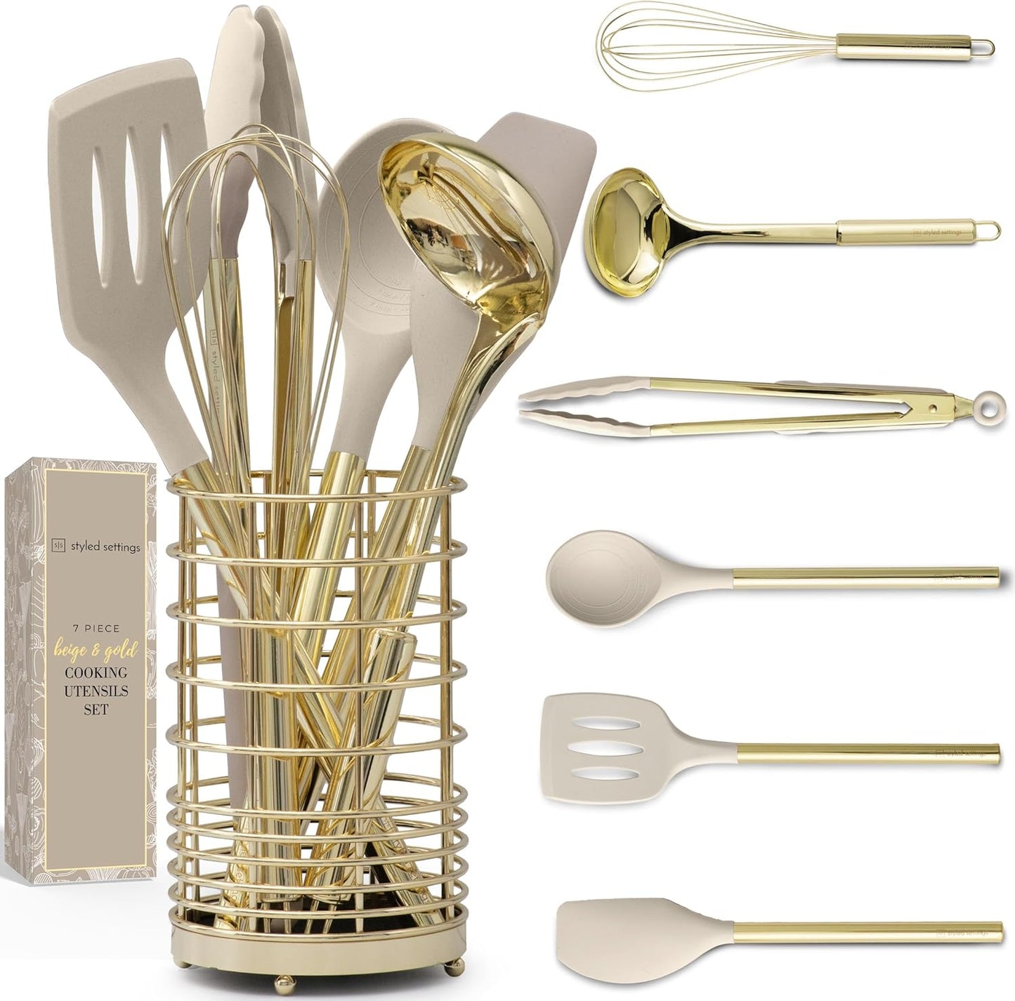 7-Piece Beige & Gold Kitchen Utensils Set \u2013 Non-Toxic Silicone & Stainless Steel Tools for Cooking, Serving, & Hosting \u2013 Ideal for Nonstick Cookware & Modern Kitchens, with Gold Utensil Holder