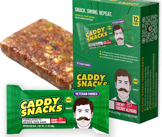 Caddy Snacks Chewy Cherry Almond – Healthy Snack Bars | Low Sugar | Vegan | Gluten Free | On-the-Go Golf Snack | 2.1 oz Bars, 12 Count