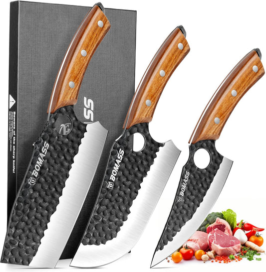 Butcher Knife for Cutting Set of 3, Hand Forged Japanese Meat Cleaver Knife for Cooking, High Carbon Kitchen Knife & Serbian Chef Knife & Boning Knife for Home, Outdoor, Camping, BBQ, Gift for Men