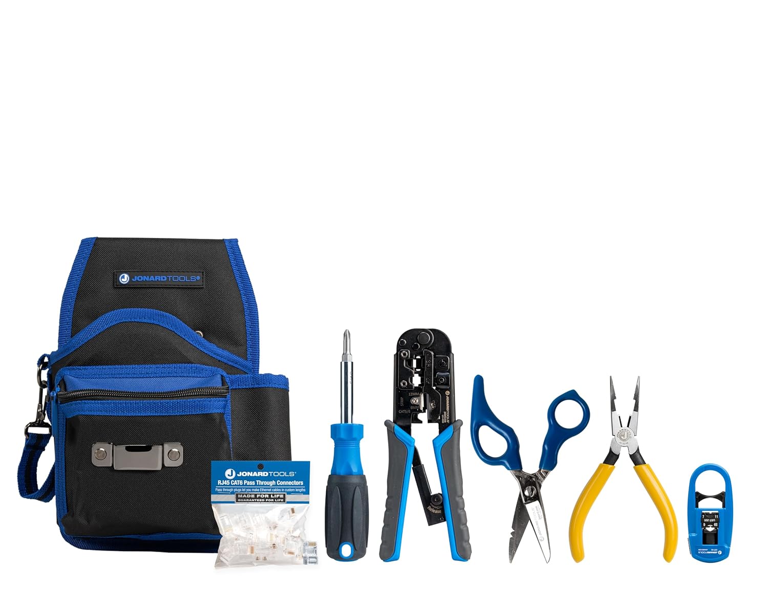 Jonard Tools TK-145 Telecom RJ45 Belt Pouch Tool Kit - 12-Pocket Tool Pouch, 6-in-1 Screwdriver, Scissors, Pliers, Crimper & Cable Stripper, RJ45 Pass-Through Connectors