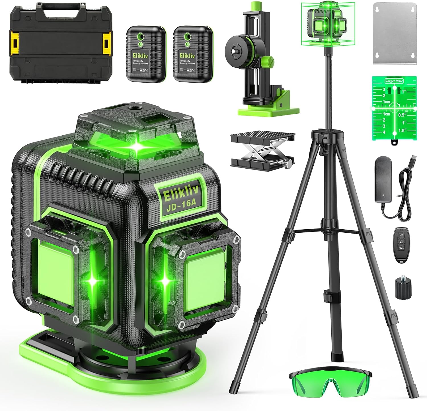 Laser Level 360 Self Leveling with Tripod, Elikliv 4D Laser Level, 165Ft Green Laser Level Lines Tool, 4x360° Cross Line Laser for Construction, Picture Hanging, Floor Tile, Renovation