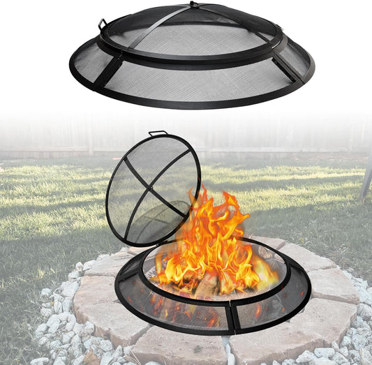 FEBTECH - 36 Inch Round Fire Pit Screen, Heavy Duty Outdoor Spark Screen with Hook, Black, Carbon Steel, Dome Shape
