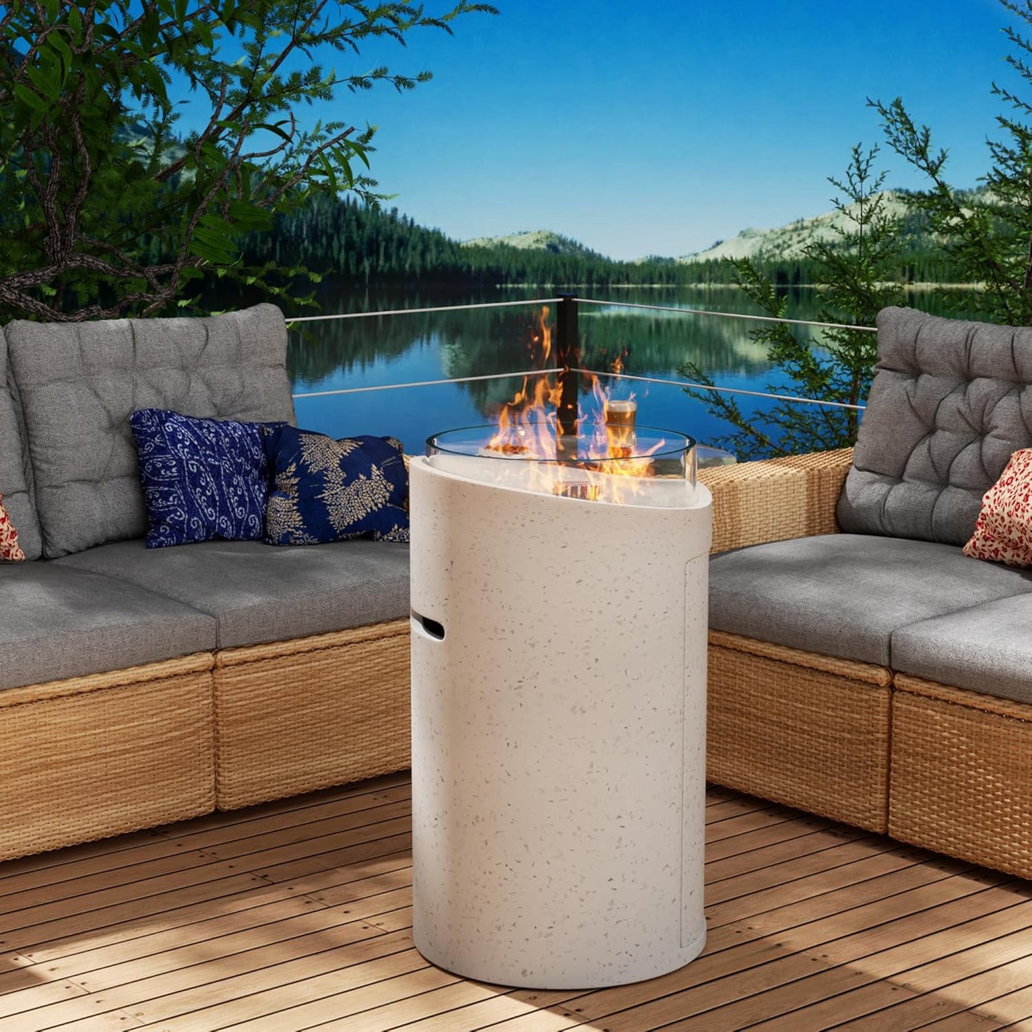 Outdoor Cylinder Propane Fire Pit Table \u2013 Premium Terrazzo-Like MgO Finish, Sturdy & Waterproof Gas Fire Table with Glass Wind Guard for Patio, Garden & Backyard, Includes Rain Cover & Glass Bead