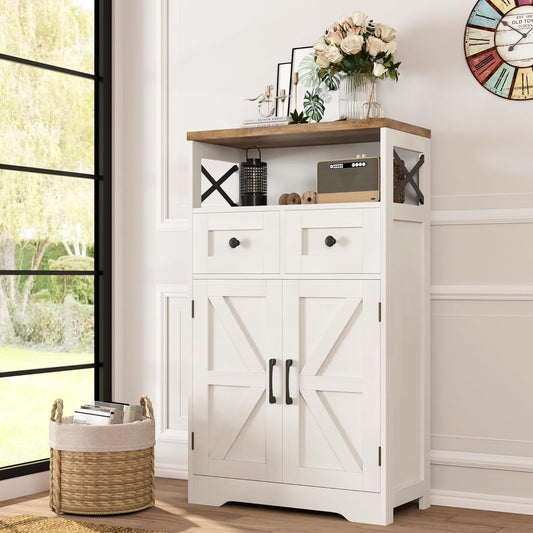 Befrases Farmhouse White Storage Cabinet with Doors and Drawers, Freestanding Kitchen Pantry Cabinet, Floor Storage Cabinet Hutch Cupboard for Kitchen\/Laundry\/Living Room\/Bedroom