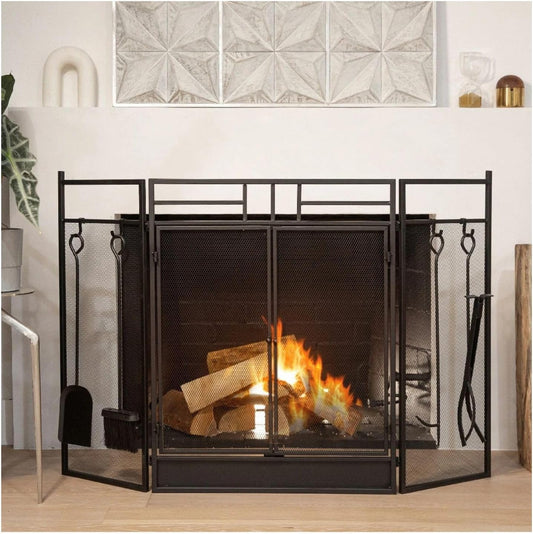 3-Panel Fireplace Screen with Doors – Fire Guard and 4-Piece Fireplace Tools Set for Indoor Wood Stove and Fire Pit