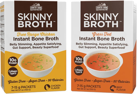 COUNTRY FARMS Skinny Broth 7-Day Plan, Instant Chicken and Beef Bone Broth, 10G Protein, Collagen Type II, Promotes Better Digestion, Bone Health, 7 Day Plan, 14-15g Packets