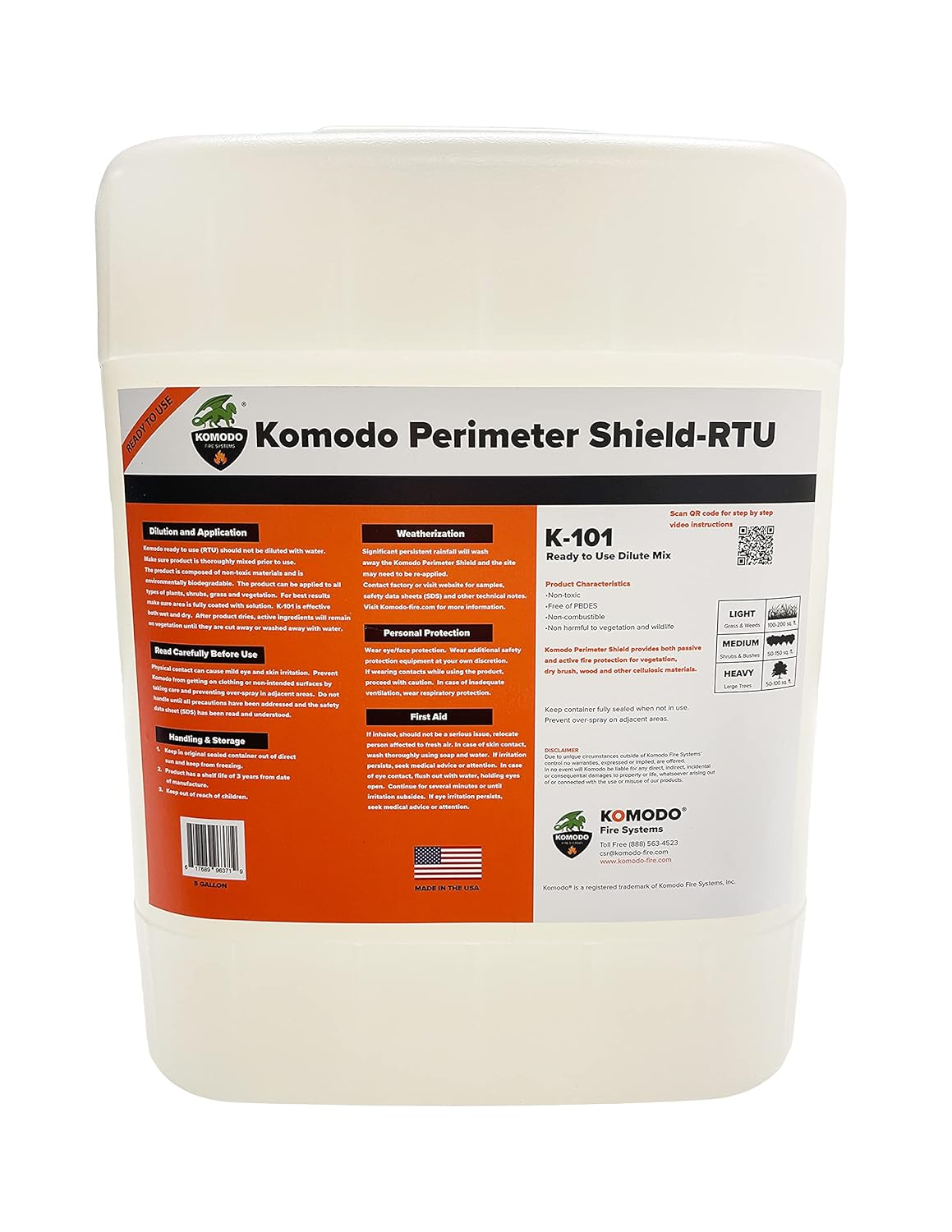 Komodo Home Fire Prevention - 5 Gallons Pre-Mixed Advanced Wild Fire Protection, Ready-to-Use Defensible Space Fire Retardant - Made in USA