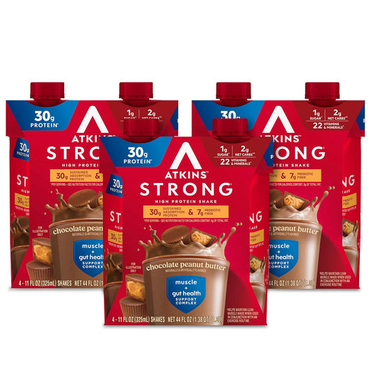 Atkins Strong High Protein Shake, Chocolate Peanut Butter Flavor, 30g Protein, Low Carb and Low Sugar Shake, Keto Friendly, Gluten Free, Muscle and Gut Health Support Complex, 12 Count