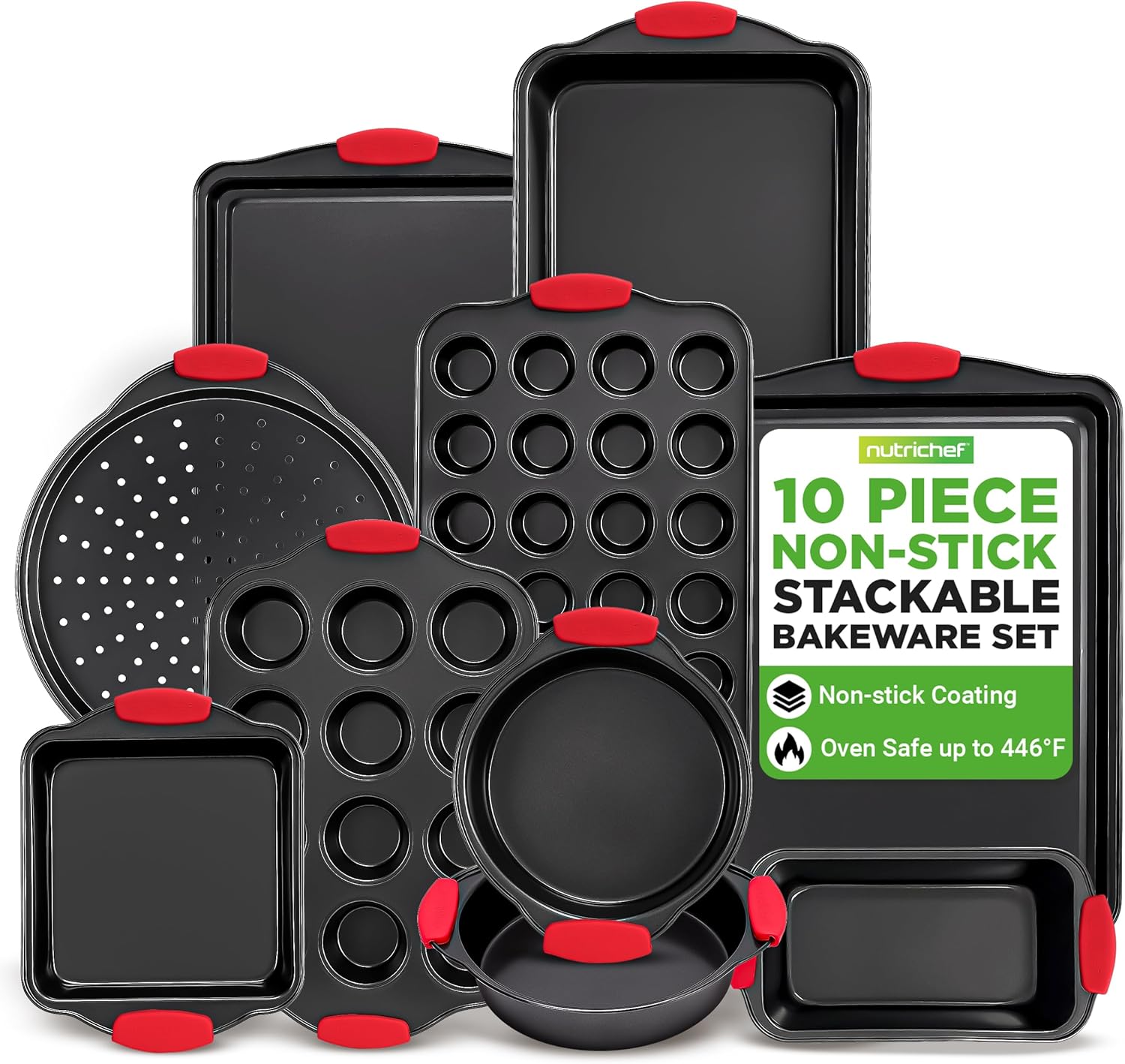 NutriChef 10-Piece Nonstick Kitchen Oven Baking Pans - Premium & Stylish Non-Stick Carbon Steel - Commercial Grade Restaurant Quality Metal Bakeware with Silicone Handles - Easy to Clean, NCSBS10S