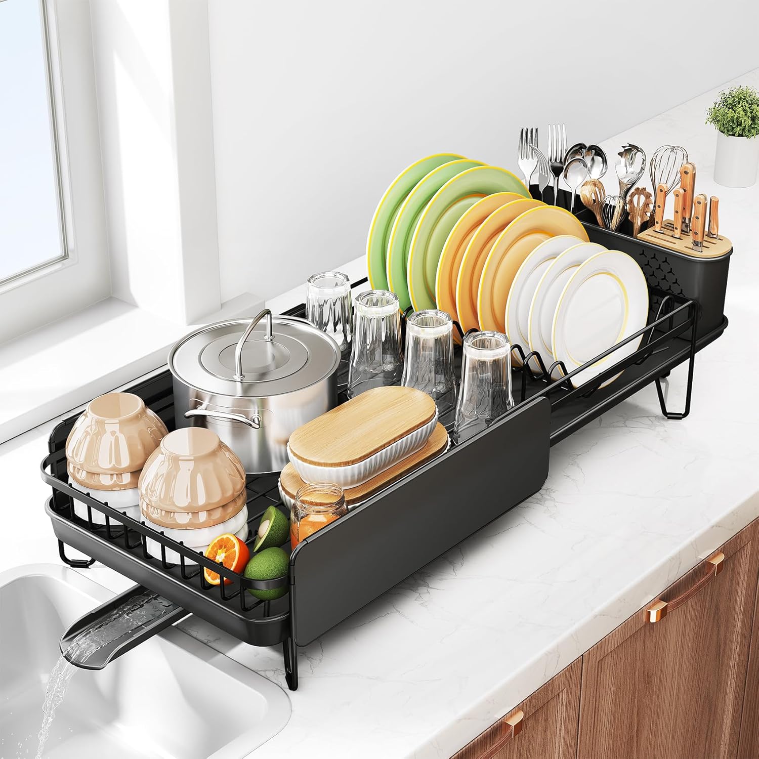 Dish Drying Rack - Large Dish Racks for Kitchen Counter, Expandable Dish Drainers with Cutlery Holder Stainless Steel Rustproof, Black