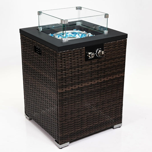 21.7" Propane Gas Fire Pit Table, 50000 BTU Square Outdoor Fire Pit with Steel Tabletop & Wicker Base, Tempered Glass Wind Guard, Rain Cover and Blue Glass Beads for Patio Deck Backyard, Dark Brown