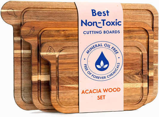 Non Toxic Cutting Boards - Cutting Board Set Free of Mineral Oil, Made of FSC Acacia Wood - Cutting Boards for Kitchen - Includes 3 Chopping Boards. By Ziruma