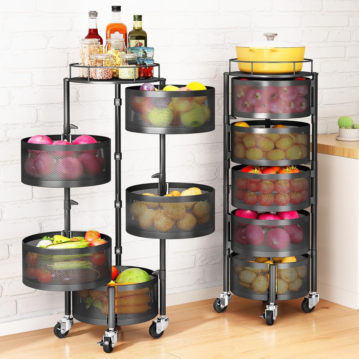 SNTD Fruit and Vegetable Basket Bowls for Kitchen with Metal Top Lid, 5 Tier Rotating Storage Rack Cart for Potato Onion Bread Banana, Wire Basket Organizer on Wheels, Large, Black